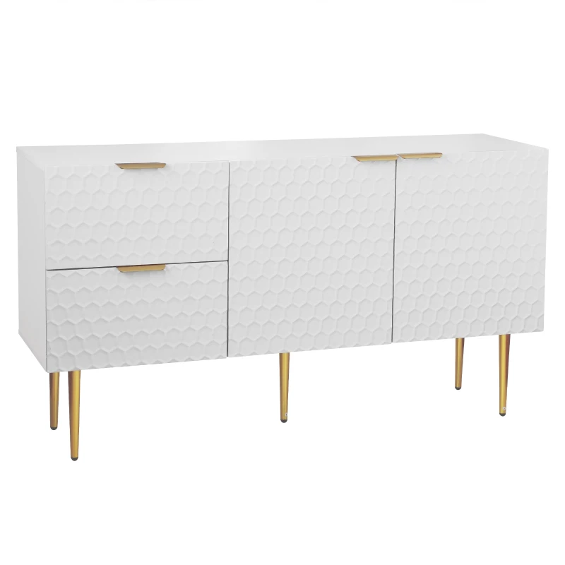 Credenza Moderna con 2 Ante e 2 Cassetti, Maniglie e Piedini Dorati, Bianco
