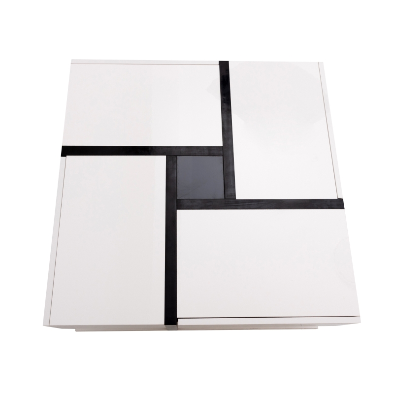 Tavolino da Salotto Quadrato Lucido con 4 Cassetti, Design Unico di Colori e Linee, Spazio Portaoggetti Inferiore, Bianco