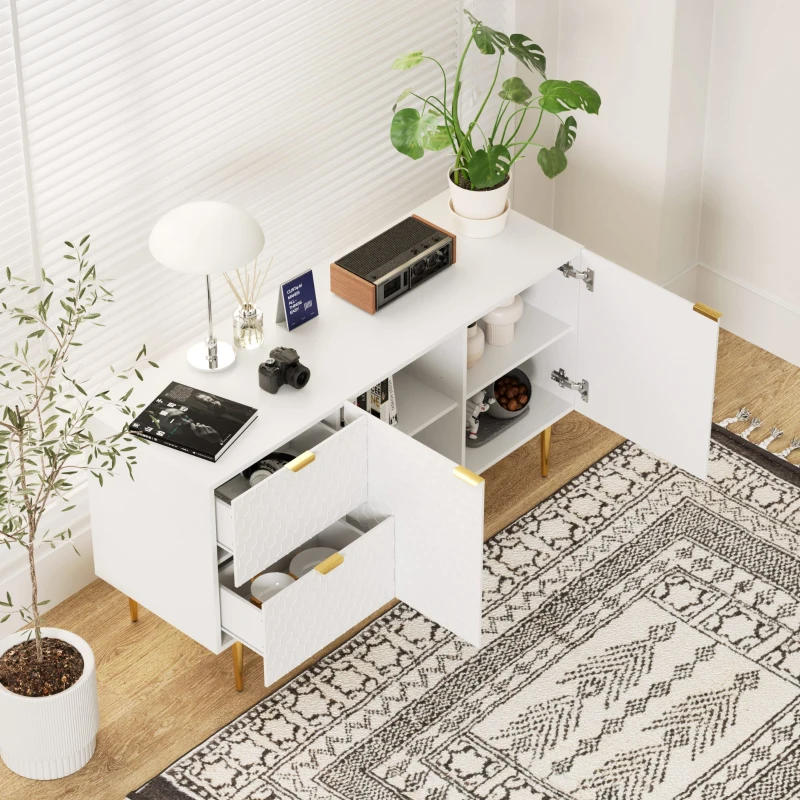 Credenza Moderna con 2 Ante e 2 Cassetti, Maniglie e Piedini Dorati, Bianco