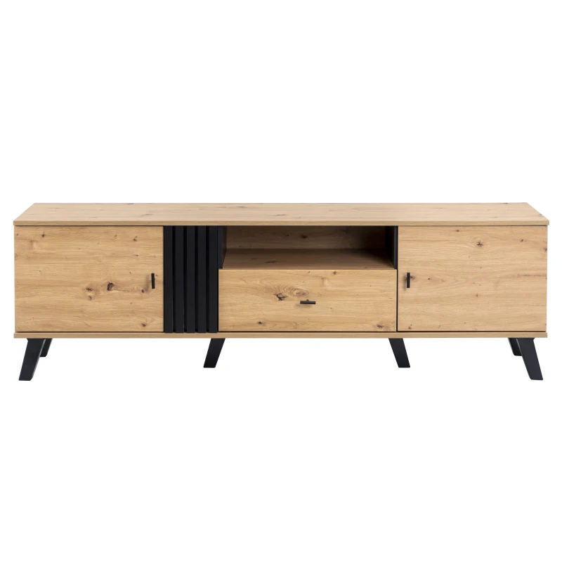 Mobile TV da 170 cm in Legno e Nero, Credenza con Cassetti, Spazio per Riporre, Design Esclusivo, Naturale