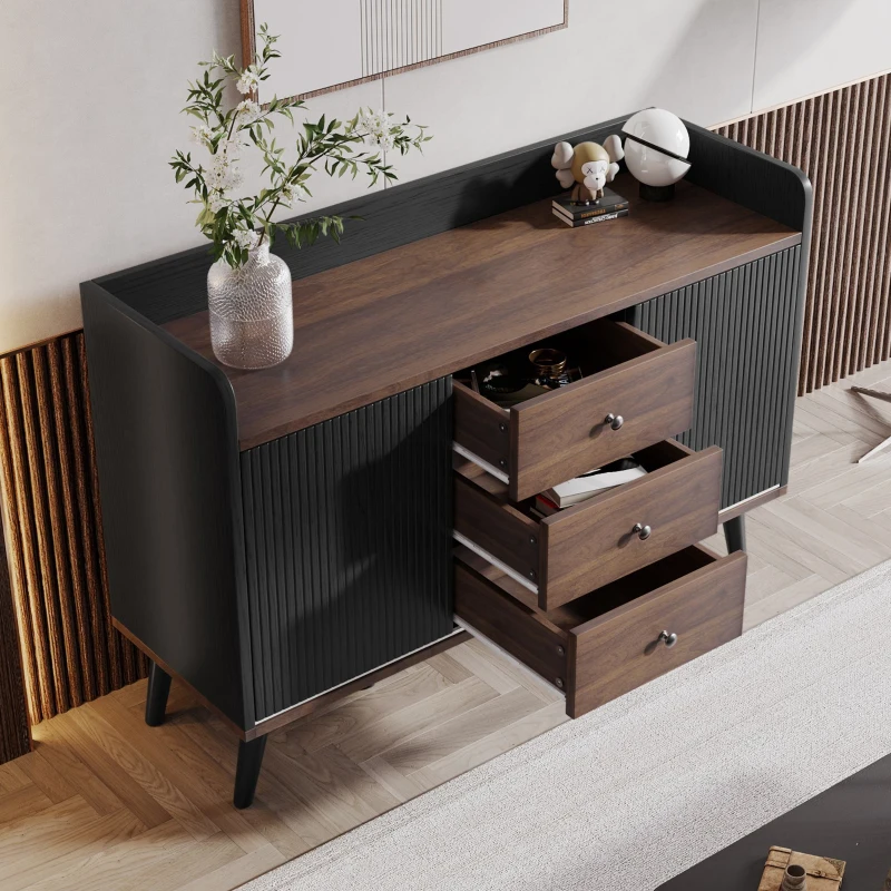 Aparador y Cómoda Moderno con 2 Puertas Correderas y 3 Cajones para Salón Cocina Pasillo 117.5x40x80 cm Negro y Madera