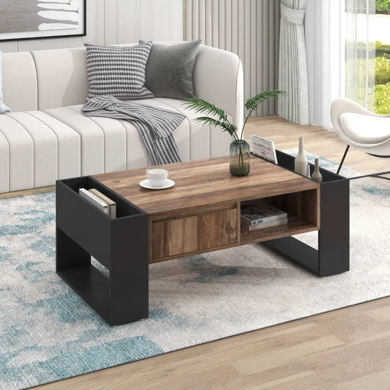 Măsuță de cafea din lemn cu efect natural, cu sertar fără mâner, compartiment frontal și spate, 111x60x40 cm, Culoare naturală și Negru
