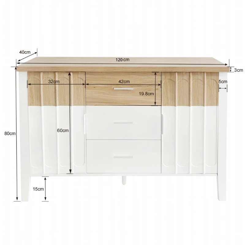 Credenza con Ante e Cassetti, Design Unico con Texture Concava e Convessa, 120 x 40 x 80 cm, Bianco e Colore Legno