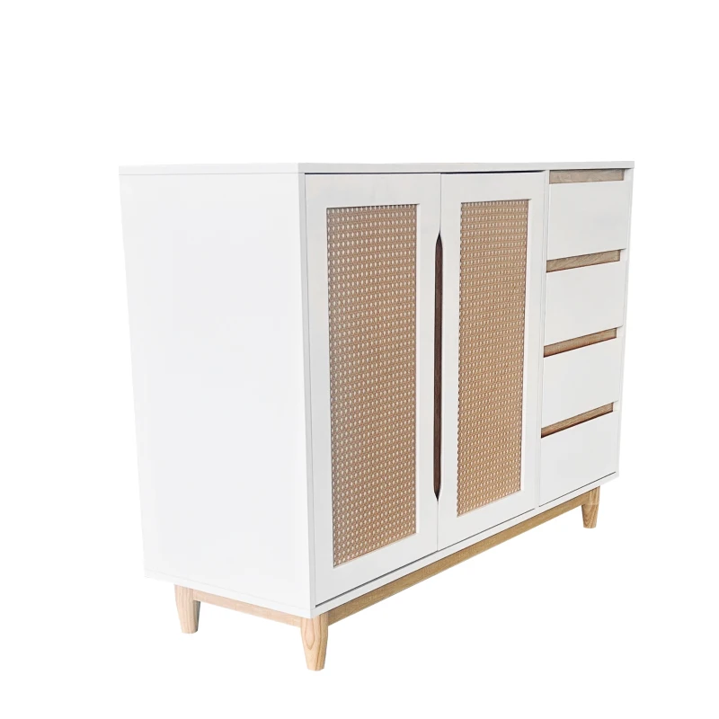 Credenza con Porte in Rattan PE, Cassetti, Ripiani Regolabili e Gambe in Legno Massello, Bianco