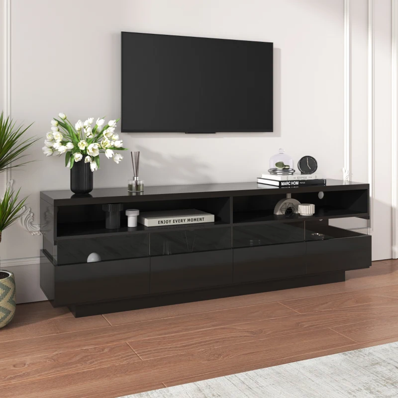 Mueble de TV Moderno con Acabado Brillante Mesa de TV con Iluminación Led Dos Estantes y Cuatro Cajones Negro