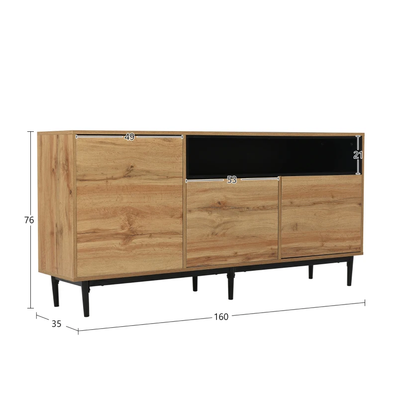 Comodă modernă din lemn cu trei uși și rafturi, 160x35x76 cm, Culoare naturală