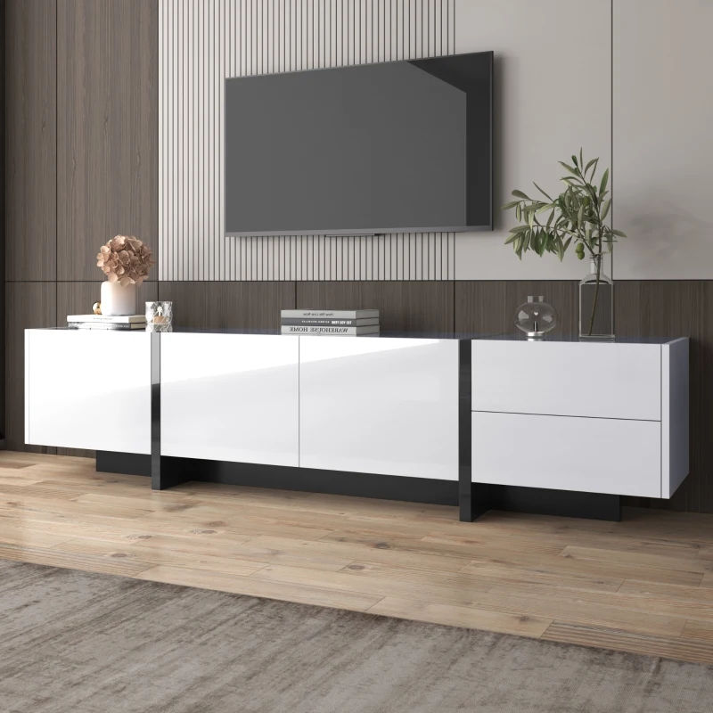 Mueble TV Bajo con Panel y Patas en Bloques de Color Brillante en Blanco y Negro con Puertas y Cajones Diseño Lineal Blanco