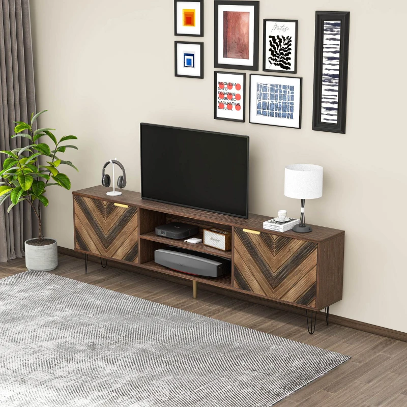 Mueble TV Móvil con 2 Puertas de Madera Maciza 2 Compartimentos Panel Bajo Manijas Doradas y Patas de Hierro Natural