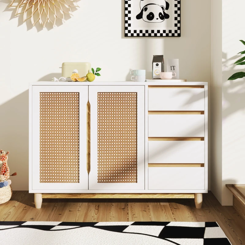 Credenza con Porte in Rattan PE, Cassetti, Ripiani Regolabili e Gambe in Legno Massello, Bianco
