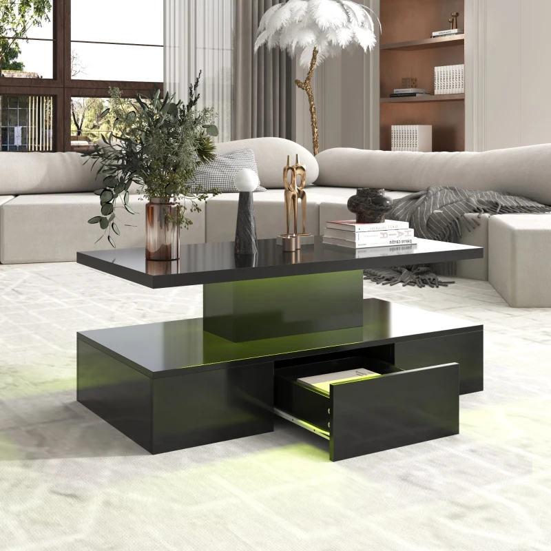Mesa de Centro con Cajones y Acabado Brillante Mesa de Centro con 2 Estantes y Luz Led Negro