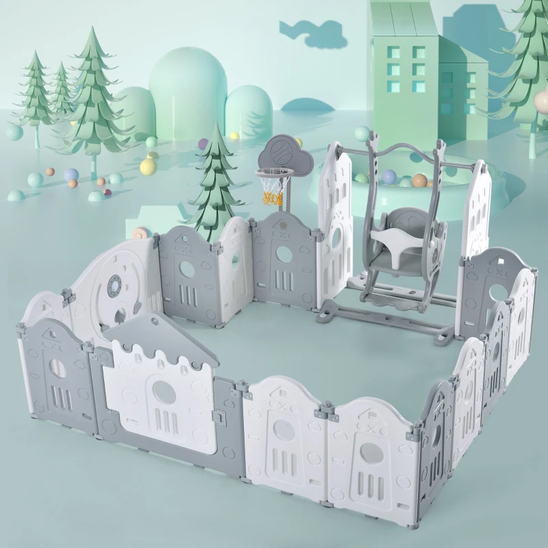 Parque para Niños 160x160x77 cm 14 Paneles Puerta de Seguridad de Plástico con Puerta & Panel de Juguetes & Canasta de Baloncesto & Columpio Gris