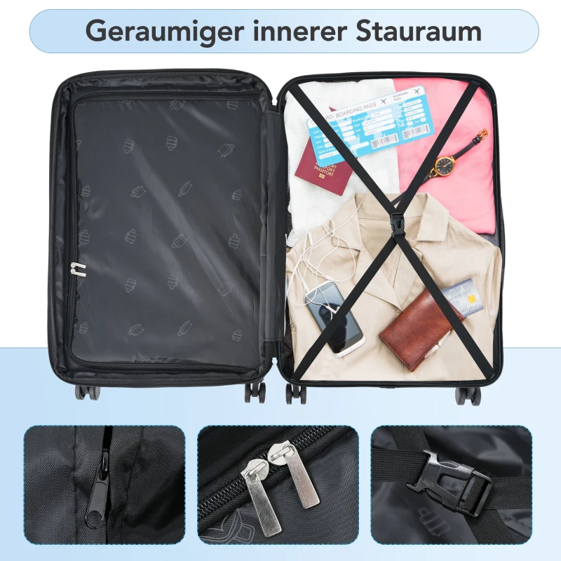 3-teiliges Hartschalenkoffer-Set mit TSA-Schloss, 360° Doppelrollen und 3 Größen aus robustem PP-Material, Schwarz