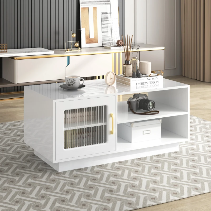 Tavolino da Salotto con Ante in Vetro e Illuminazione LED Controllabile tramite App Mobile, Bianco