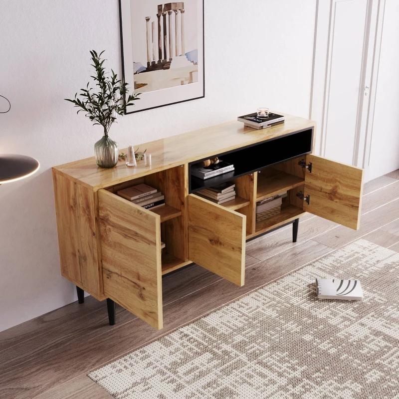 Comodă modernă din lemn cu trei uși și rafturi, 160x35x76 cm, Culoare naturală