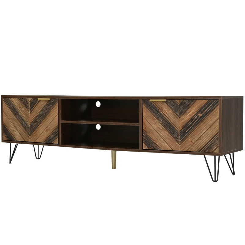 Mueble TV Móvil con 2 Puertas de Madera Maciza 2 Compartimentos Panel Bajo Manijas Doradas y Patas de Hierro Natural