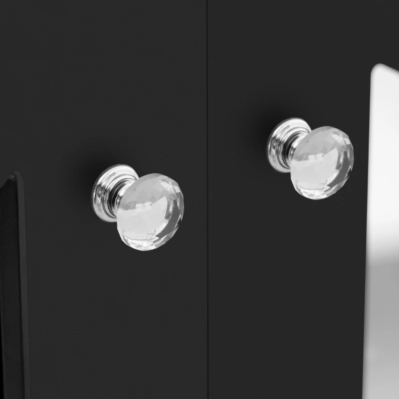 Credenza Moderna con Specchio e Maniglie di Cristallo, 4 Ante e Ripiani Mobili per Soggiorno e Cucina, 160x40x84 cm, Nero