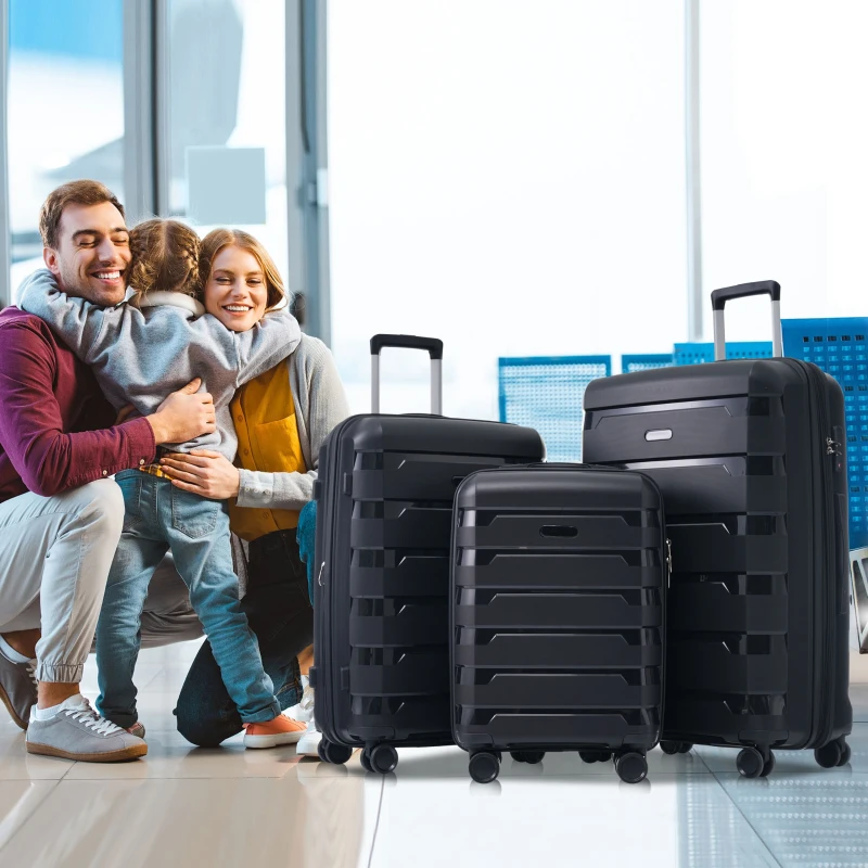 3-teiliges Hartschalenkoffer-Set mit TSA-Schloss, 360° Doppelrollen und 3 Größen aus robustem PP-Material, Schwarz