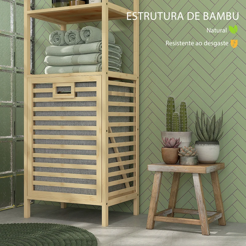 HOMCOM Estante de Casa de Banho em Bambu com 3 Prateleiras e 1 Cesto para Roupa Suja Removível 44x33x160 cm Natural