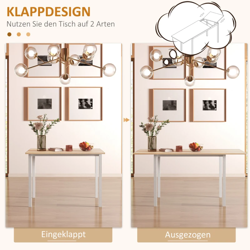HOMCOM Eettafel voor 6 personen, Keukentafel, Uitschuifbaar, Inklapbaar, Bruin + Wit(m-5)