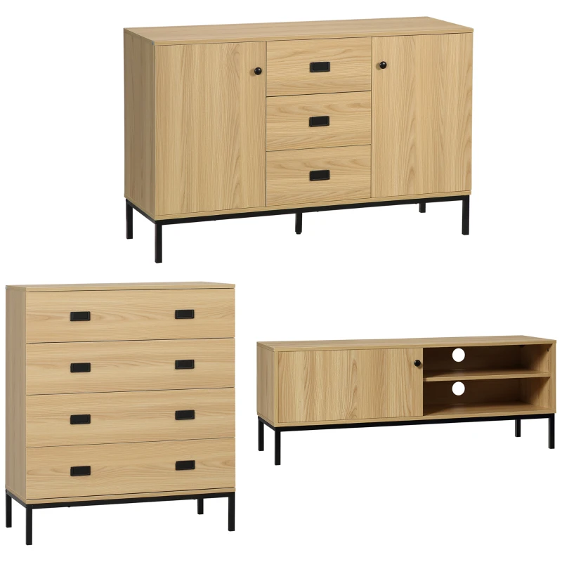 HOMCOM Ensemble de commode 4 tiroirs, buffet et meuble TV - étagère réglable - banc TV avec passe-câbles porte coulissante