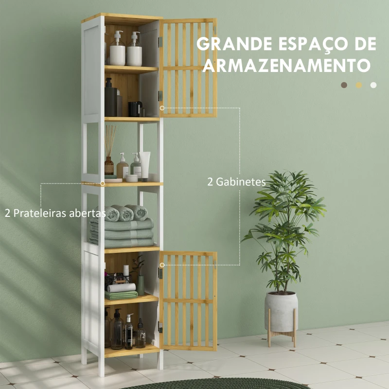 HOMCOM Coluna de Casa de Banho com 2 Estantes Abertos 2 Armários com Portas de Ripas e Prateleiras Ajustáveis 32x30x172 cm Branco