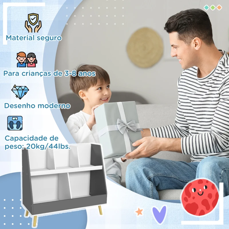 HOMCOM Estante Infantil para Brinquedos de 2 Níveis com 5 Compartimentos e Pés de Madeira de Pinho para Sala 80x34x72,5 cm Cinza