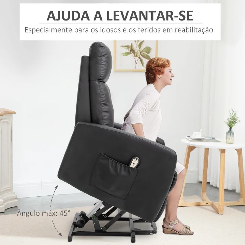 HOMCOM Poltrona Relax Levanta Pessoas Poltrona Elétrica Reclinável a 145° com Controlo Remoto Apoio para Pés 67x95x105 cm Preto
