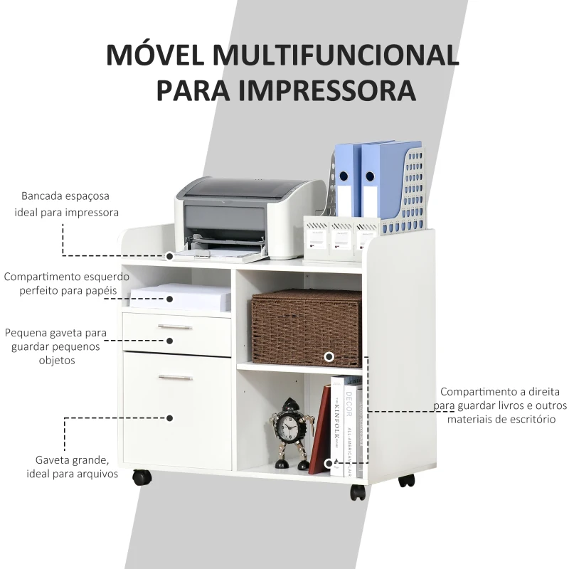 Vinsetto Armário para Impressora com 3 Compartimentos 2 Gavetas para Arquivos Prateleira Ajustável 2 Rodas com Freios 80x40x72 cm Branco