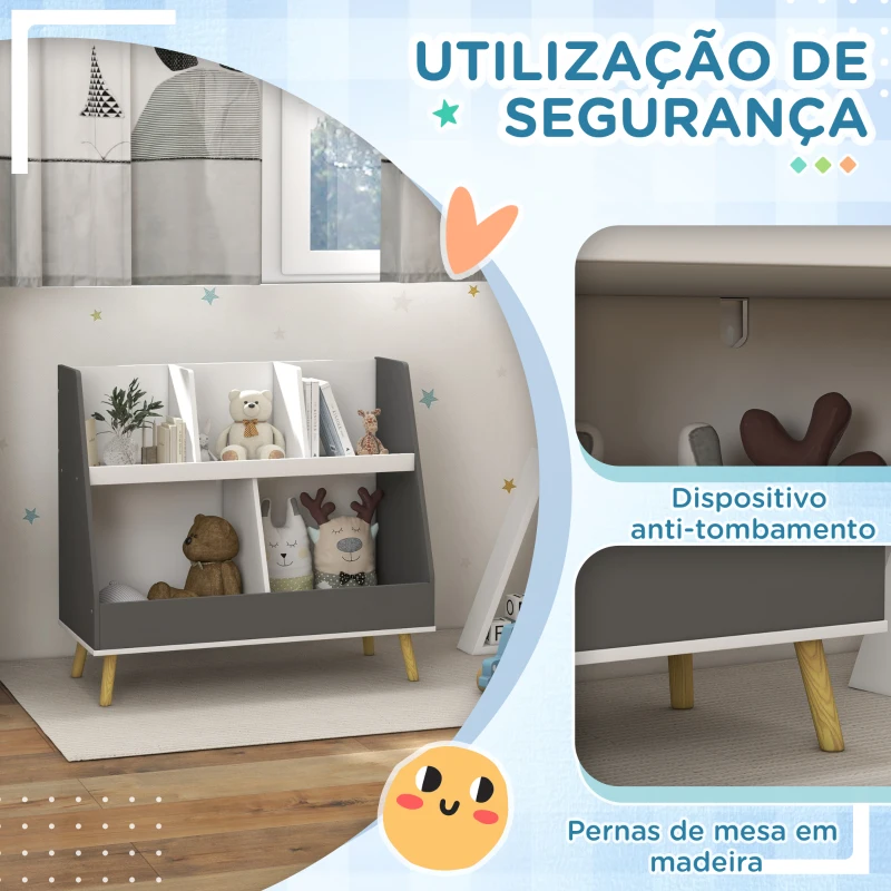 HOMCOM Estante Infantil para Brinquedos de 2 Níveis com 5 Compartimentos e Pés de Madeira de Pinho para Sala 80x34x72,5 cm Cinza