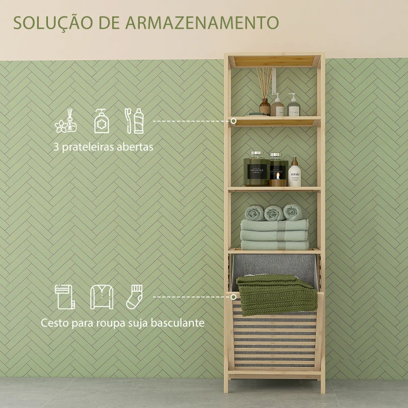 HOMCOM Estante de Casa de Banho em Bambu com 3 Prateleiras e 1 Cesto para Roupa Suja Removível 44x33x160 cm Natural