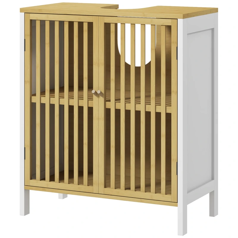 HOMCOM Móvel para Lavatório Pousar de Bambu para Casa de Banho com Porta Dupla e Prateleira Ajustável 60x30x70 cm Natural e Branco