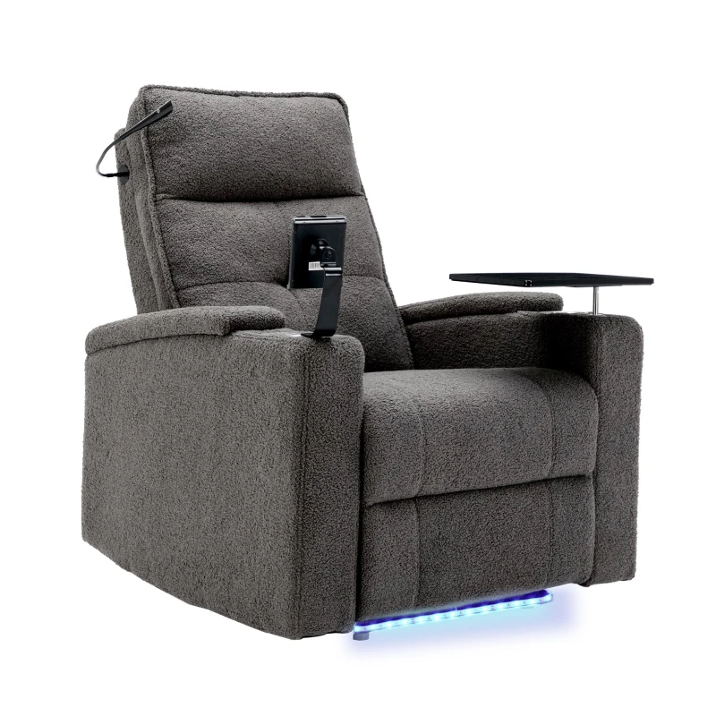 Poltrona Relax Elettrica con Porta USB, Tavolino Girevole 360°, Portabicchieri e Illuminazione LED, Grigia