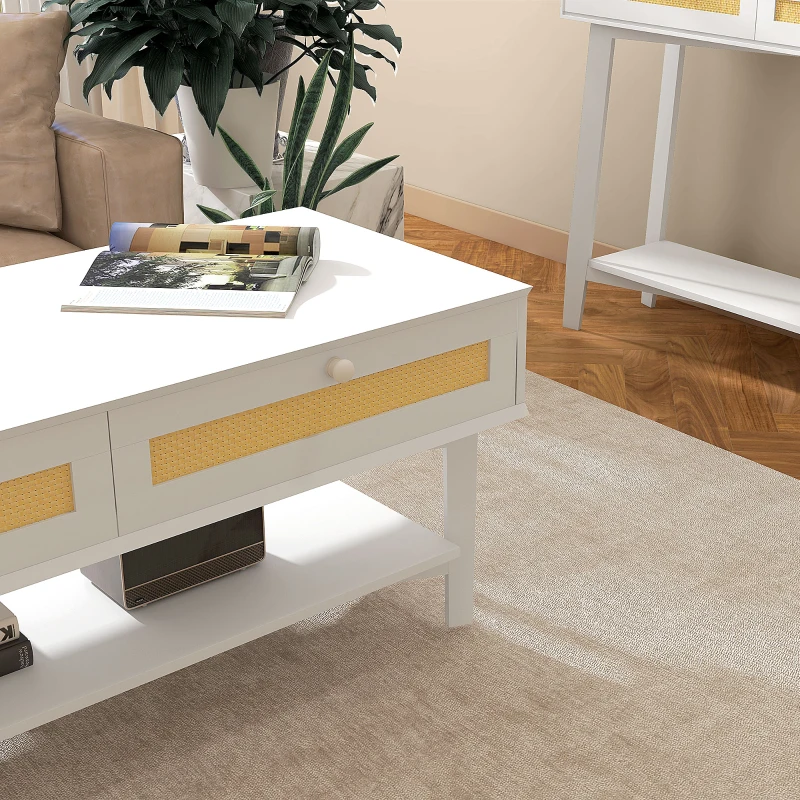 HOMCOM Tavolino da Caffè Boho con 2 Cassetti e Ripiano, in Rattan e Truciolato, 120x50x50 cm, Bianco e color Legno
