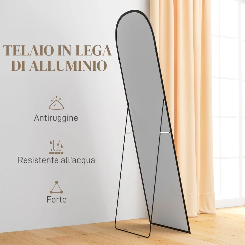 HOMCOM Specchio da Terra e Parete Moderno in Lega di Alluminio con Supporto Pieghevole, 50x161.5cm, Nero