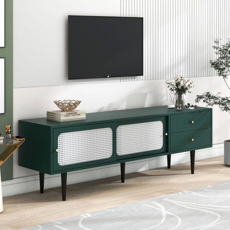Mobile TV con Ante Scorrevoli in Rattan Bianco, 2 Cassetti e 4 Ripiani Regolabili, Verde