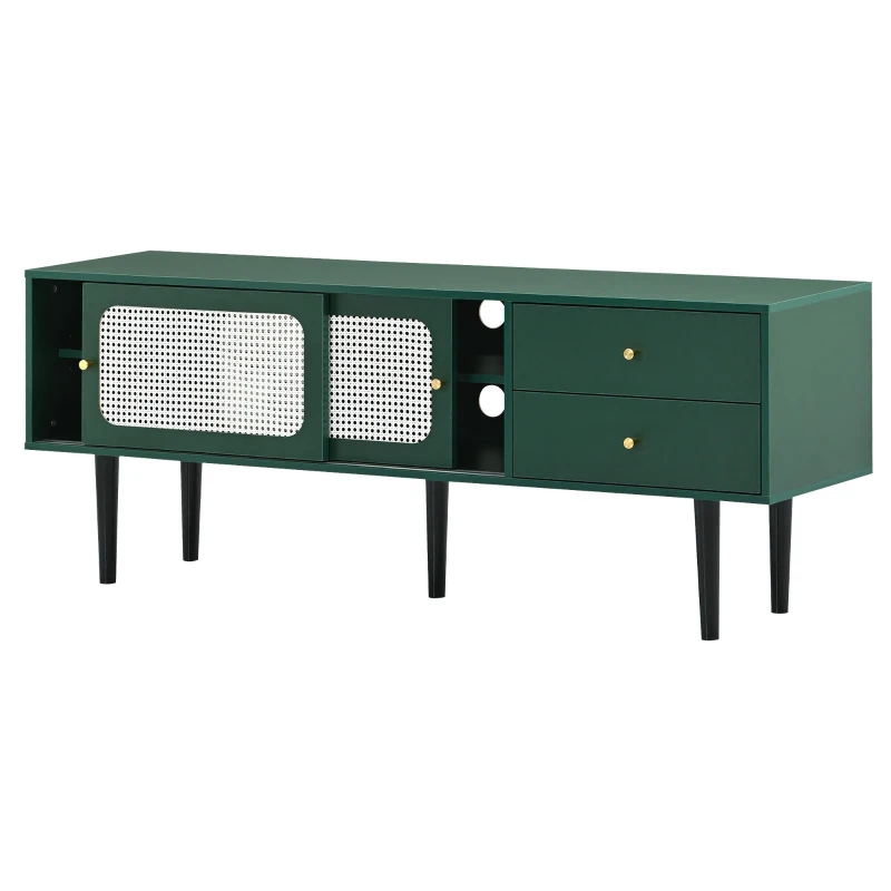 Mueble TV con Puertas Correderas en Ratán Blanco 2 Cajones y 4 Estantes Regulables Verde