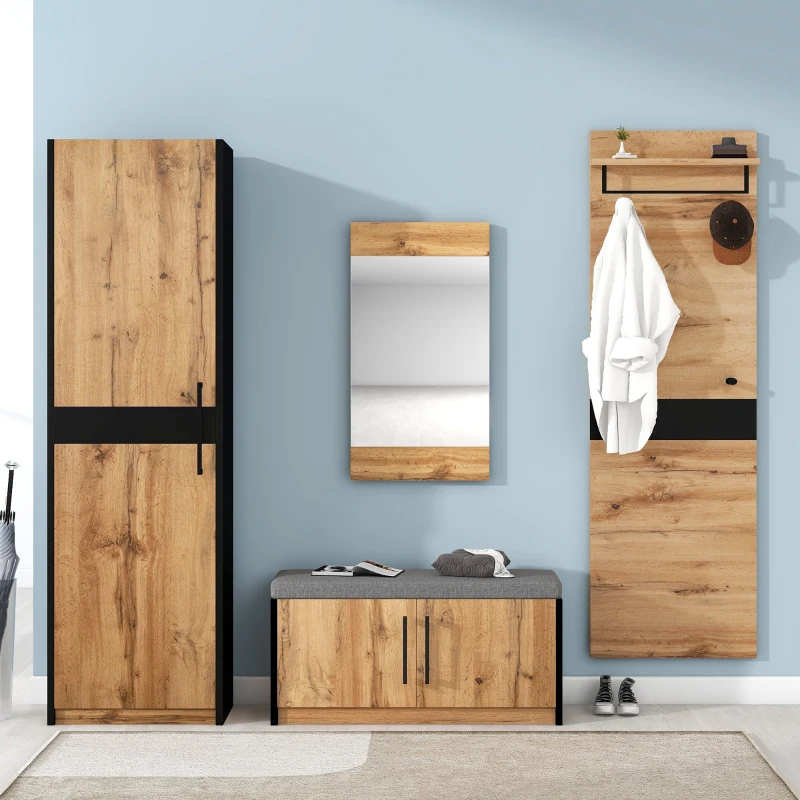 Set de Intrare 4 Piese cu Bancă, Oglindă și Cuier în Stil Industrial Vintage, Culoare naturală