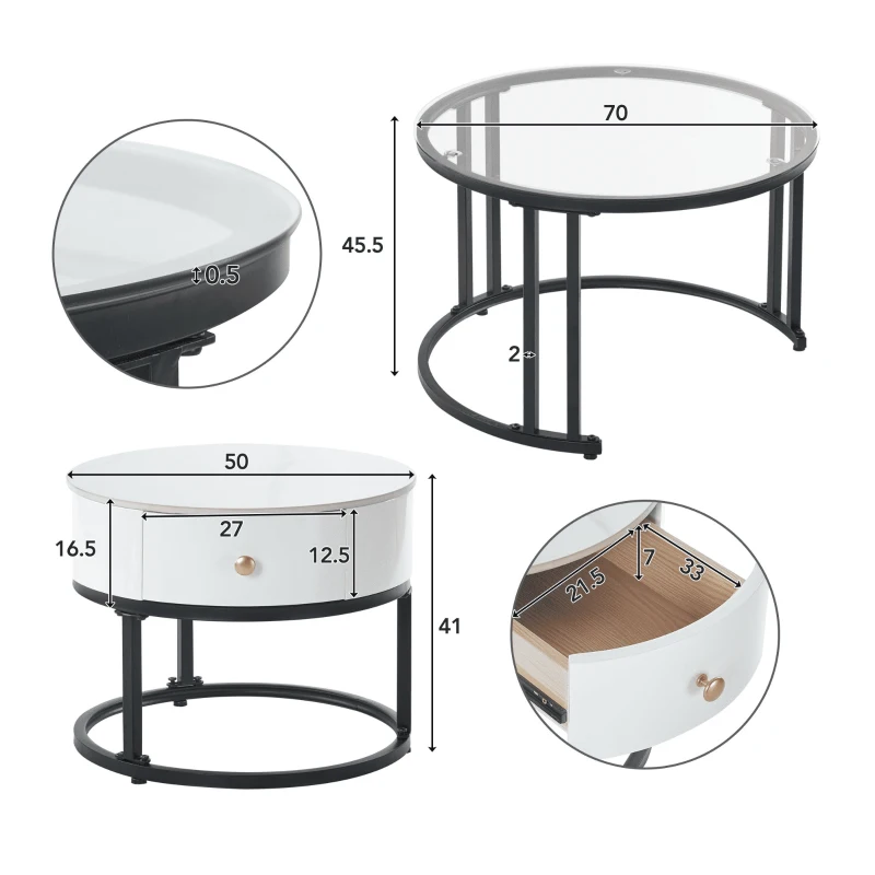 Set 2 Tavolini da Caffè con Superficie in Vetro e Marmo, Cassetto in Legno Massello, Bianco