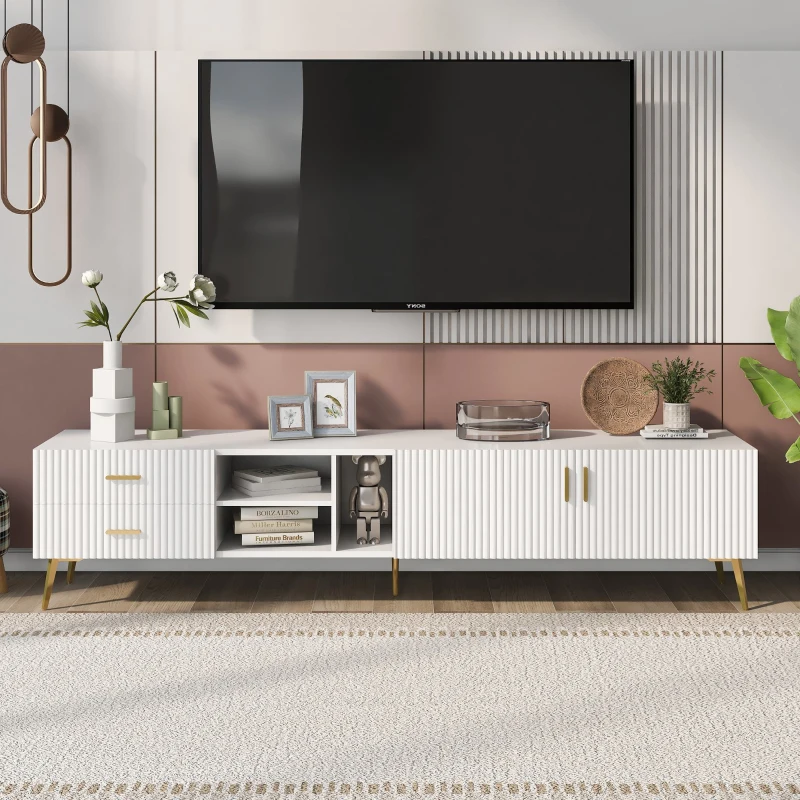 Mueble TV Moderno Blanco con Franjas Decorativas 180x35x41 cm Blanco