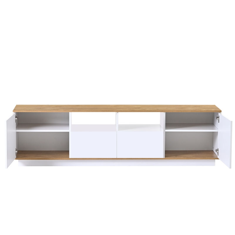Mobile sotto tv con 2 Armadi, 4 Ripiani, con LED Regolabili, a 80 Pollici 180x40x50 cm, Bianco e Rovere