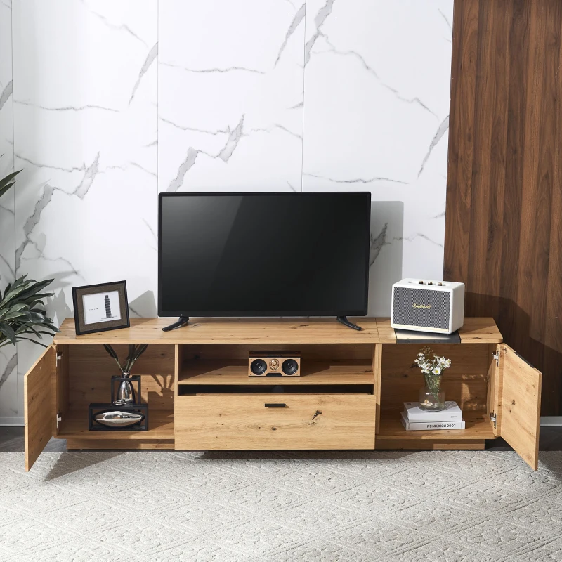 Mobile TV Spazioso 1.8m per TV 80" in MDF con Angoli Arrotondati e Ripiani Portaoggetti, Marrone