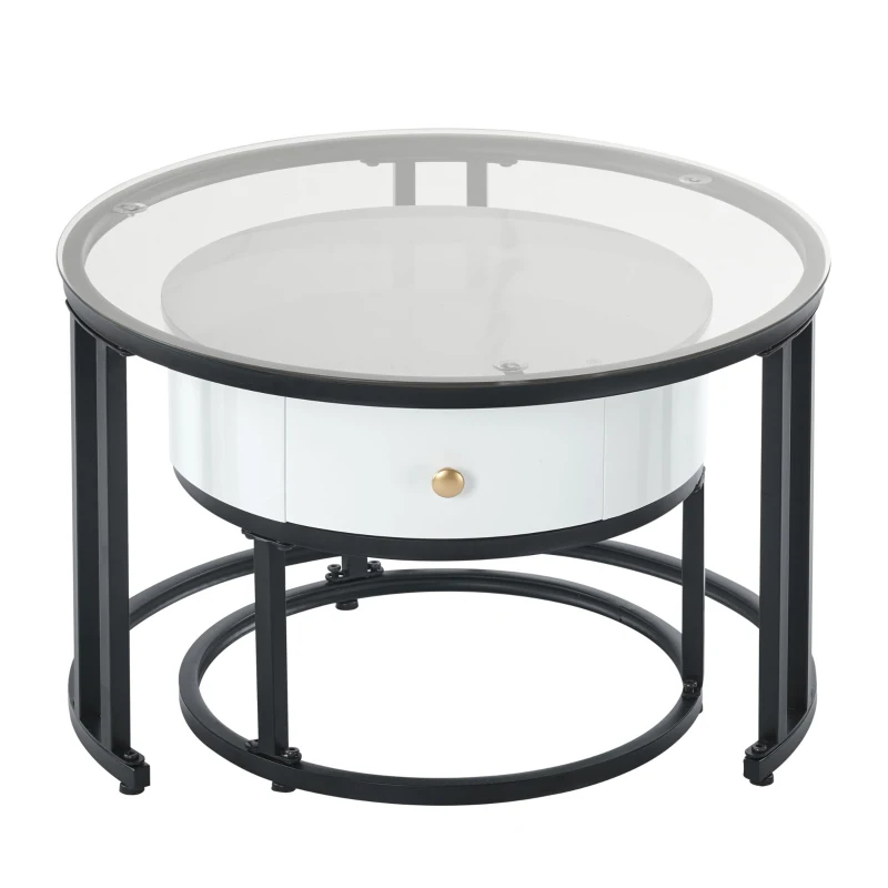 Set 2 Tavolini da Caffè con Superficie in Vetro e Marmo, Cassetto in Legno Massello, Bianco