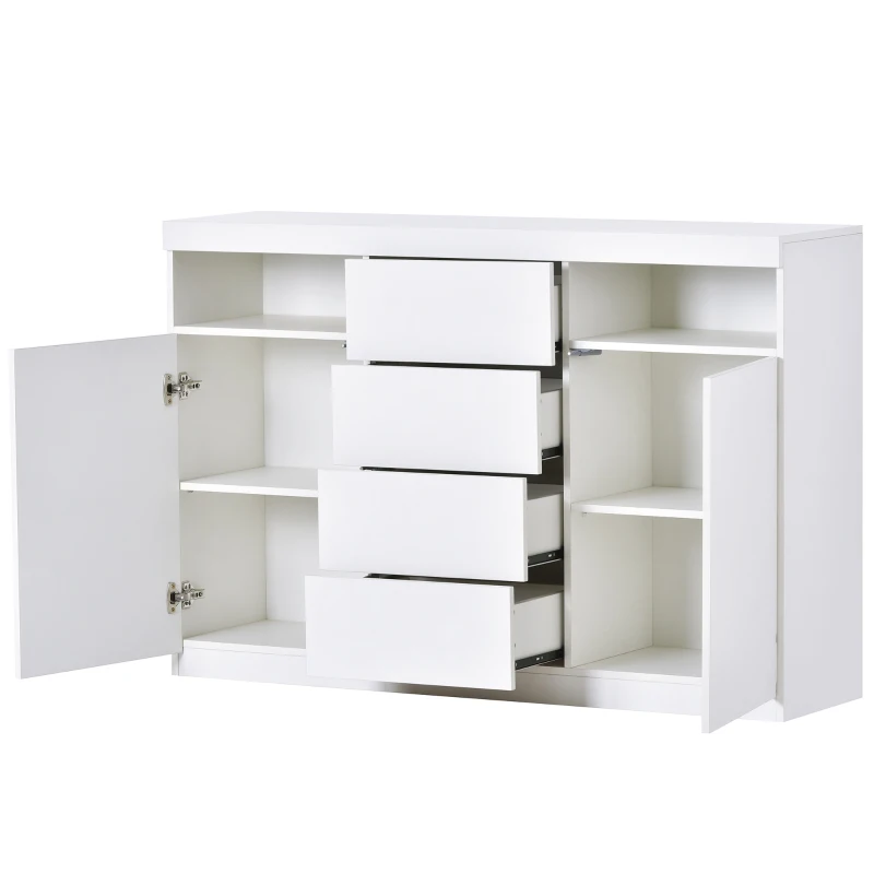 Credenza Moderna LED Multifunzione con Illuminazione RGB, 2 Ante e 4 Cassetti, Bianco