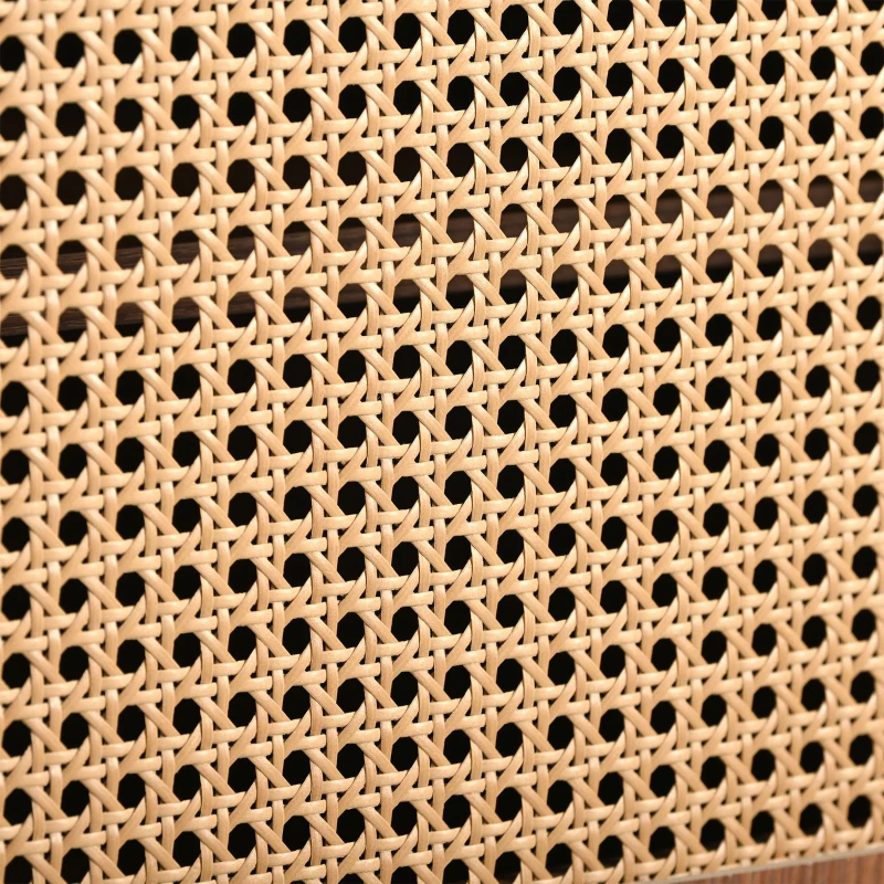 Mobile TV Moderno Design in Rattan con Porte Scorrevoli, Cassetti e 4 Ripiani, Piedi in Metallo, 160x40x60 cm, Color Noce