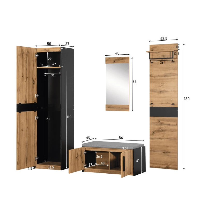 Set de Intrare 4 Piese cu Bancă, Oglindă și Cuier în Stil Industrial Vintage, Culoare naturală