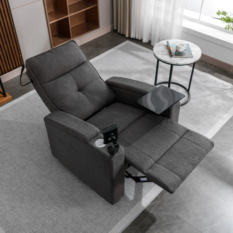 Poltrona Relax Elettrica con Porta USB, Tavolino Girevole 360°, Portabicchieri e Illuminazione LED, Grigia