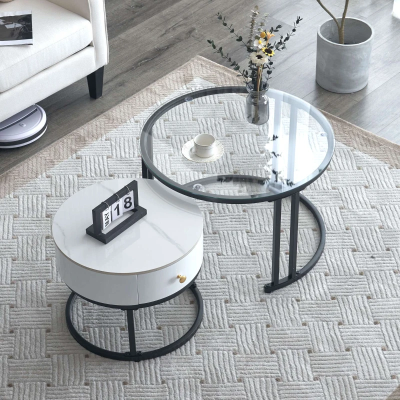 Set 2 Tavolini da Caffè con Superficie in Vetro e Marmo, Cassetto in Legno Massello, Bianco