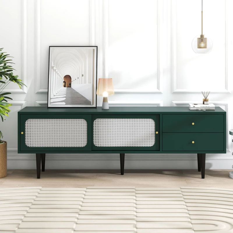 Mobile TV con Ante Scorrevoli in Rattan Bianco, 2 Cassetti e 4 Ripiani Regolabili, Verde