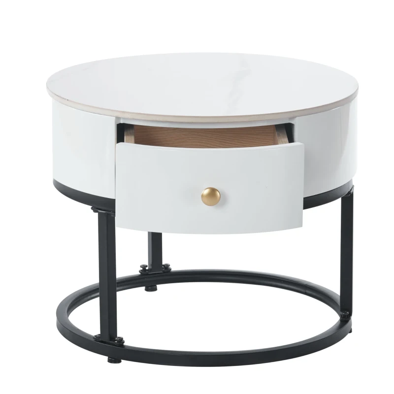 Set 2 Tavolini da Caffè con Superficie in Vetro e Marmo, Cassetto in Legno Massello, Bianco