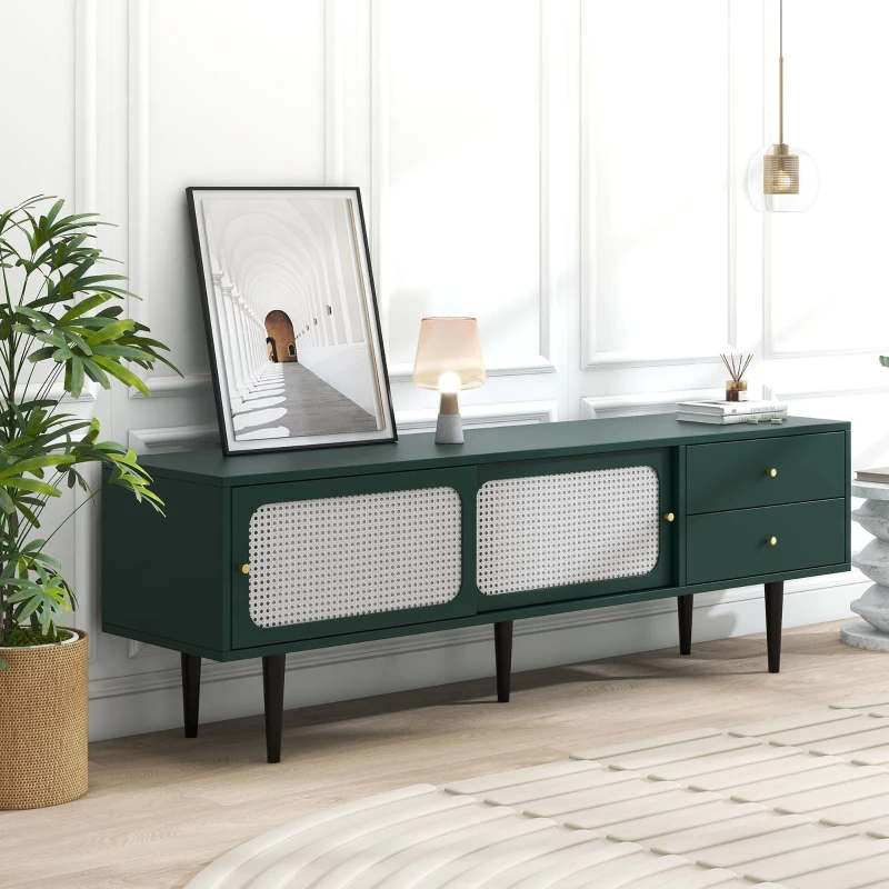 Mobile TV con Ante Scorrevoli in Rattan Bianco, 2 Cassetti e 4 Ripiani Regolabili, Verde